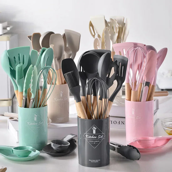 conjunto de colher em Silicone – 12 Peças | Resistente ao Calor e Ideal para Cozinhar com Segurança